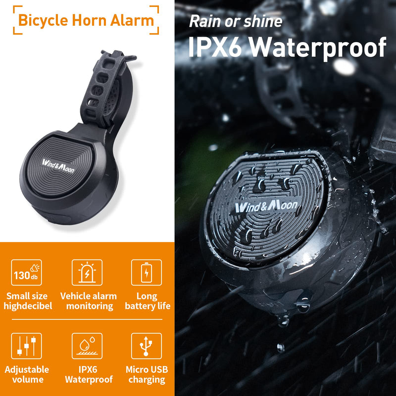 [Australia - AusPower] - Wind&Moon Electric Bike Horn Cycling Alarm Bell,Scooter Horn,Adjustable 80-130dB, IPX6 Waterproof Bike Alarm Bells Anti-Theft Vibration Alarm Ring for Mountain/Road Bike/Scooters, USB Rechargeable 