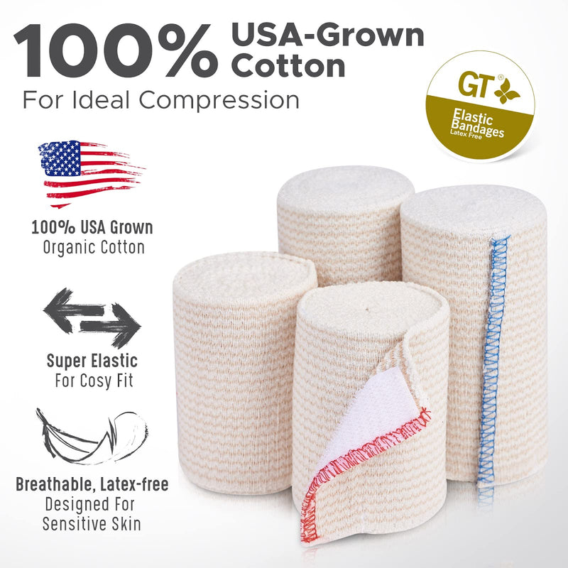 [Australia - AusPower] - Premium Elastic Bandage Wrap Made of USA Grown Organic Cotton - Set of Two 4 inch & Two 3 inch GT Wraps - Hook & Loop Fasteners at Both Ends - Hypoallergenic Compression Roll for Sprains & Injuries Beige Double Hook & Loop 