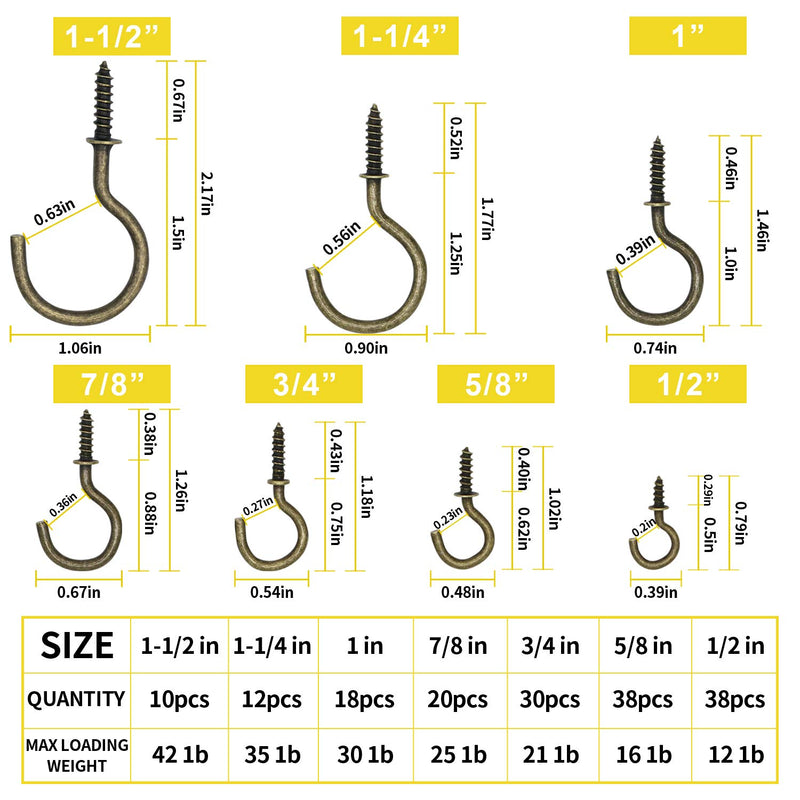 [Australia - AusPower] - 166Pcs 7 Sizes Metal Hanging Hooks Kit, Ceiling Hooks for Hanging, Screw in Hooks, Cup Hooks, Wall Hooks for Retro Room Decor (1-1/2", 1-1/4", 1'', 7/8", 3/4", 5/8", 1/2") - Bronze 0.5-1.5 in 