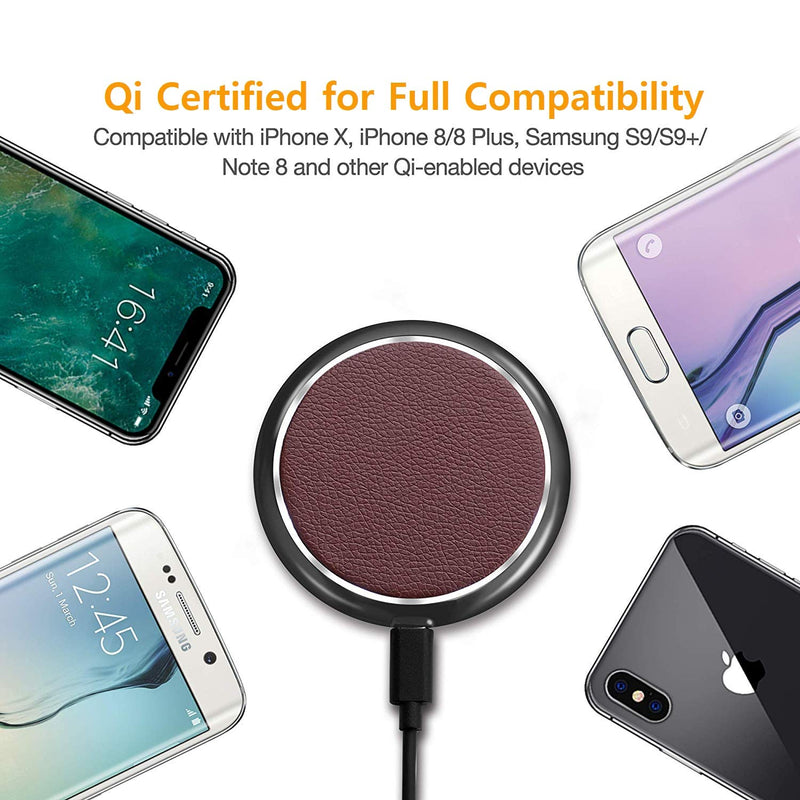[Australia - AusPower] - AVLT Wireless Charger Qi-Certified 10W Wireless Charging Pad for Qi-Enabled Smartphones - USB-C Cable Included, Zinc Alloy, Brown Leather Texture 