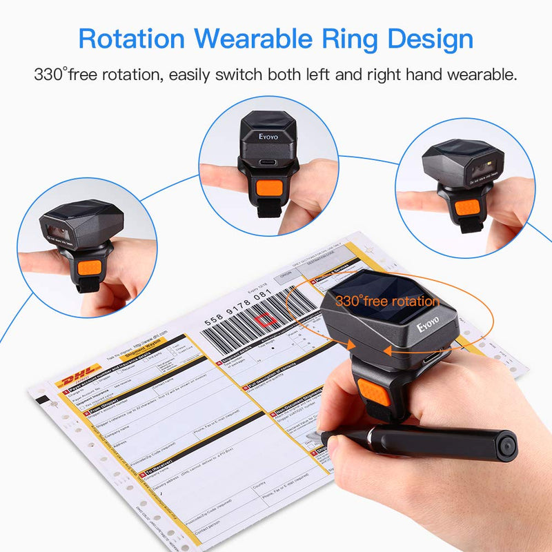 [Australia - AusPower] - Eyoyo 2D Finger Ring Barcode Scanner, Mini Wearable 3-in-1 USB Wired & 2.4G Wireless & Bluetooth Scanner, Image 1D QR Bar Code Reader PDF417 Data Matrix Screen Scan for iPad, Smartphone, PC 
