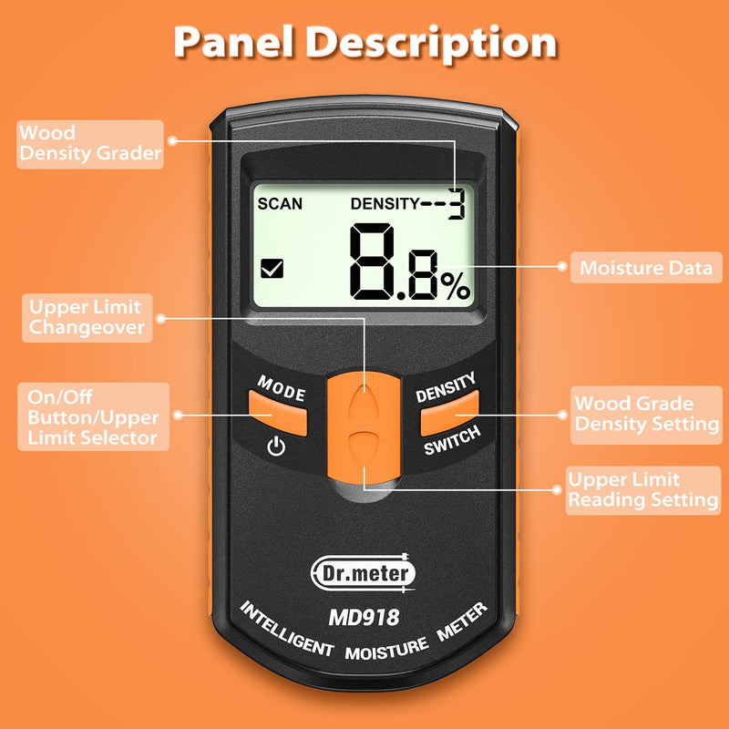 [Australia - AusPower] - [Pinless Wood Moisture Meter] Dr.meter Upgraded Version Inductive Pinless Tools Intelligent Moisture Meter Digital Moisture Meter for Wood (Range 4% - 80% RH; Accuracy: 0.5%), MD918 Pinless wood Moisture Meter MD918 