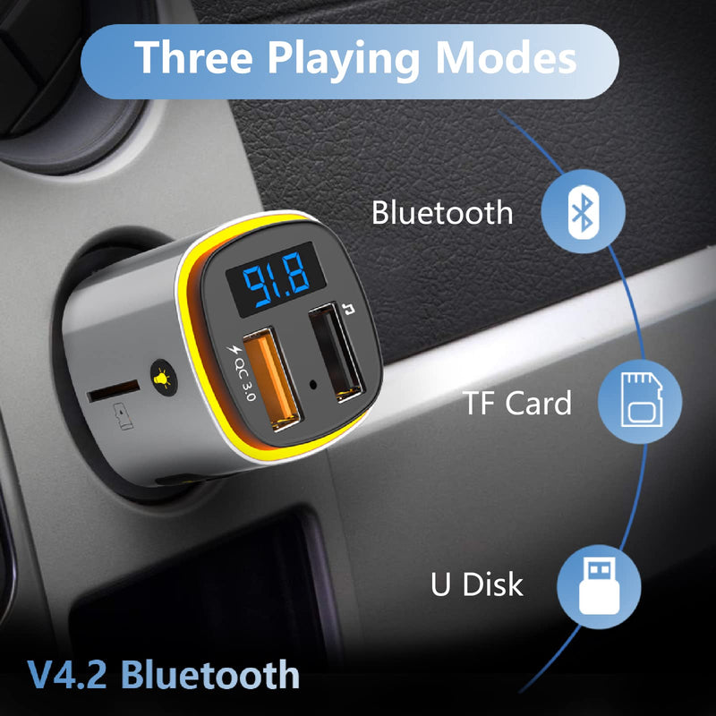 [Australia - AusPower] - Bluetooth FM Transmitter for Car, SONRU Car Radio Bluetooth Adapter Music Player Kit, Support QC3.0 USB Charging, Handsfree Call, Siri Google Assistant, SD Card/U Disk, 7 Color Lights/LED Voltmeter 