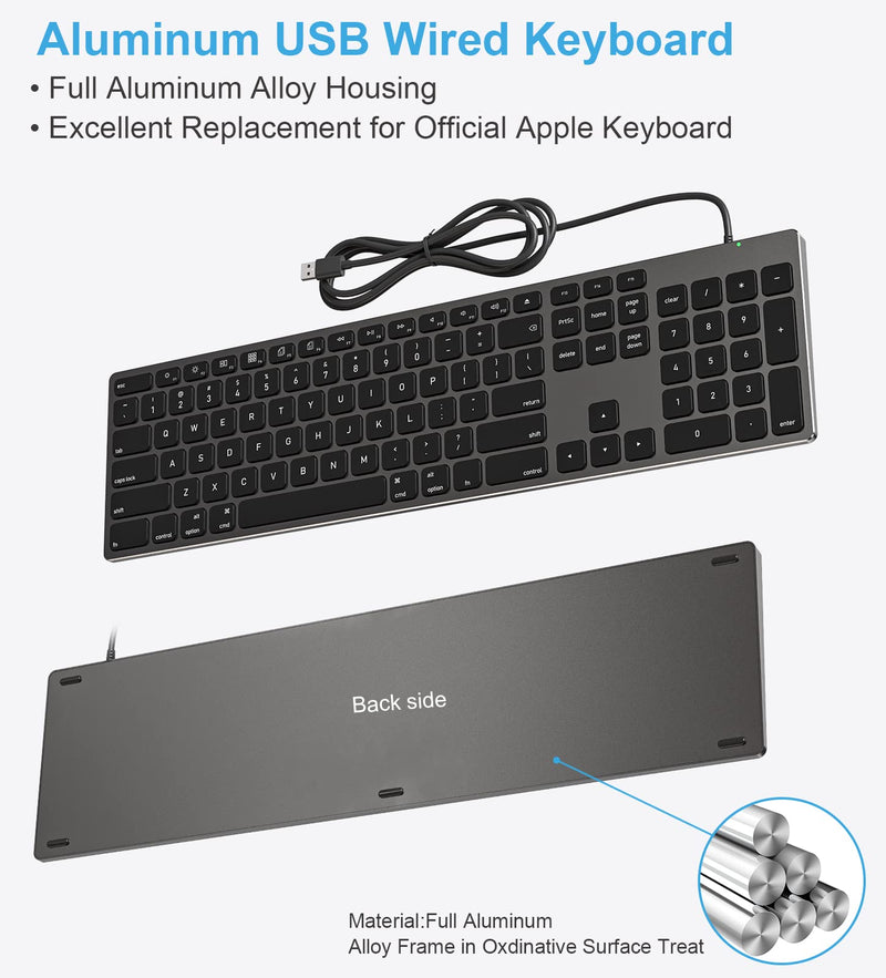 [Australia - AusPower] - Wired Keyboard for Apple Mac OS Computer/Laptop, Aluminum Alloy Housing,150CM Cable Connection, Plug-N-Play USB Keyboard with Numeric Keypad Available to iMac/Mac Mini or MacBook Pro/Air-Black 