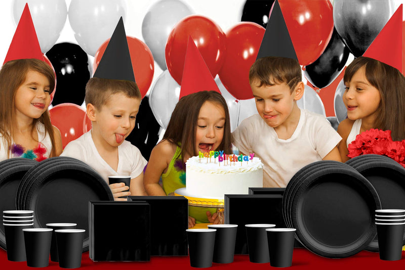 [Australia - AusPower] - Solid Black Birthday Party Supplies Set Plates Napkins Cups Tableware Kit for 16 