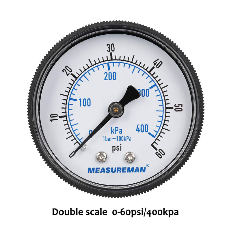 [Australia - AusPower] - MEASUREMAN 2" Swimming Pool Pressure Gauge, 1/4" NPT Back Mount, 0-60psi/kpa, Plastic Case Back 60psi/Kpa 