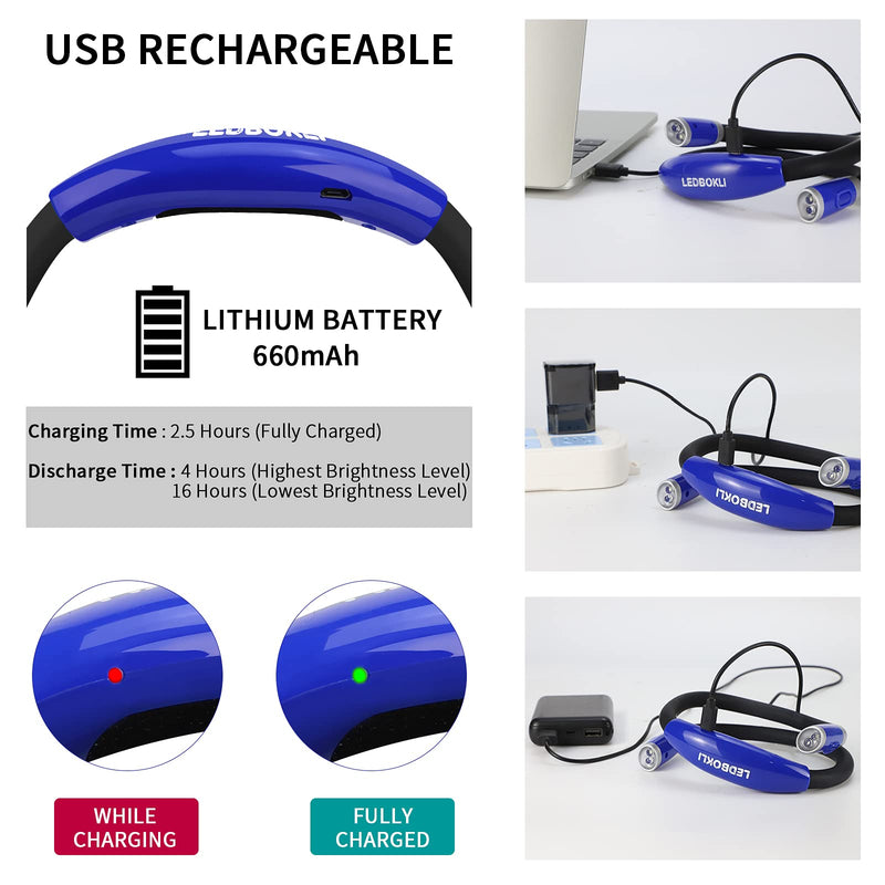 [Australia - AusPower] - LEDBOKLI Neck Reading Light Blue Hands Free Rechargeable Book Light 4 LED Bulbs and 3 Adjustable Brightness Levels LED Neck Light USB Cable and Buckle Included… Blue-26cm 