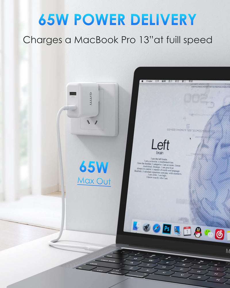 [Australia - AusPower] - 65W USB C Charger, GMM Dual USB C Wall Charger for 2 Port, PD 3.0 GaN Fast Charger Block with Foldable Plug, USB C Charger for iPhone 13/13 Pro/13 Max, MacBook Pro, iPad Pro, Switch, Galaxy S21/S20 