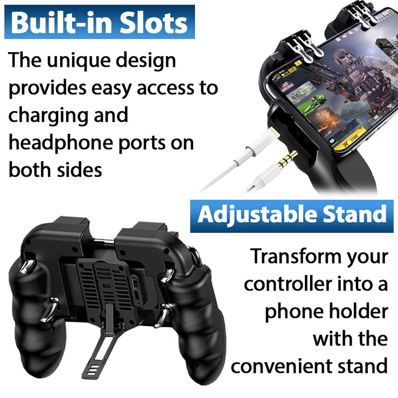 [Australia - AusPower] - 4 Trigger Mobile Game Controller with Cooling Fan Adjustable Stand for PUBG/Call of Duty/Fotnite [6 Finger Mode] GAMR+ L1R1 L2R2 Gaming Grip Gamepad Black 
