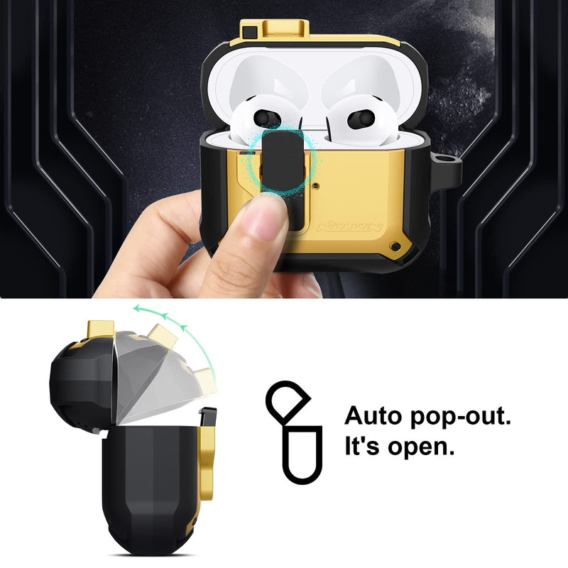 [Australia - AusPower] - Nillkin Compatible with Airpods 3 Generation 2021 Case Cover, Secure Lock Clip with Auto Pop-Out Lid, Full Body Shockproof Hard Shell Protective Cover, Yellow 