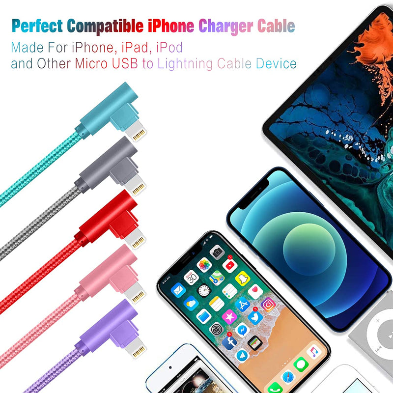 [Australia - AusPower] - iPhone Charger Cord Right Angle Lightning Cable 6FT 5 Pack 90 Degree Nylon Braid Charging Cord Fast Charging Compatible for iPhone 12/12pro/11/11pro/XS/MAX/XR/X/8P/8/7P/7/6 iPad 