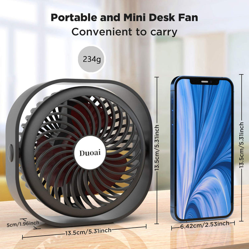 [Australia - AusPower] - Mini USB Desk Fan Battery Operated, Duoai 2500mAh Desktop Rechargeable Small Quiet Personal Fans Portable with 360°Rotation 3 Speeds for Office Home Library Dorm Bedroom Car Outdoor Travel, Black 