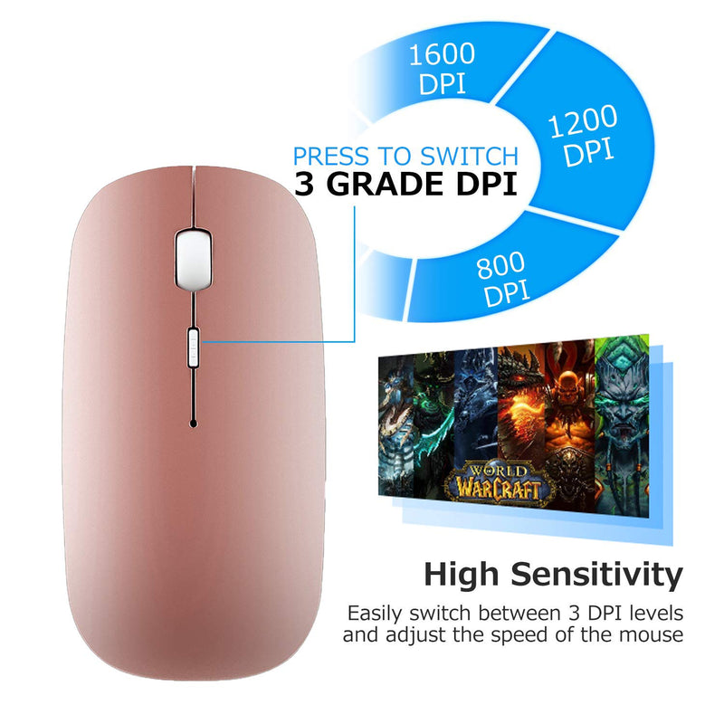 [Australia - AusPower] - 2.4GHz Wireless Bluetooth Mouse, Dual Mode Slim Rechargeable Wireless Mouse Silent USB Mice, 3 Adjustable DPI,Compatible for Laptop Windows Mac Android MAC PC Computer (Rose Gold) 