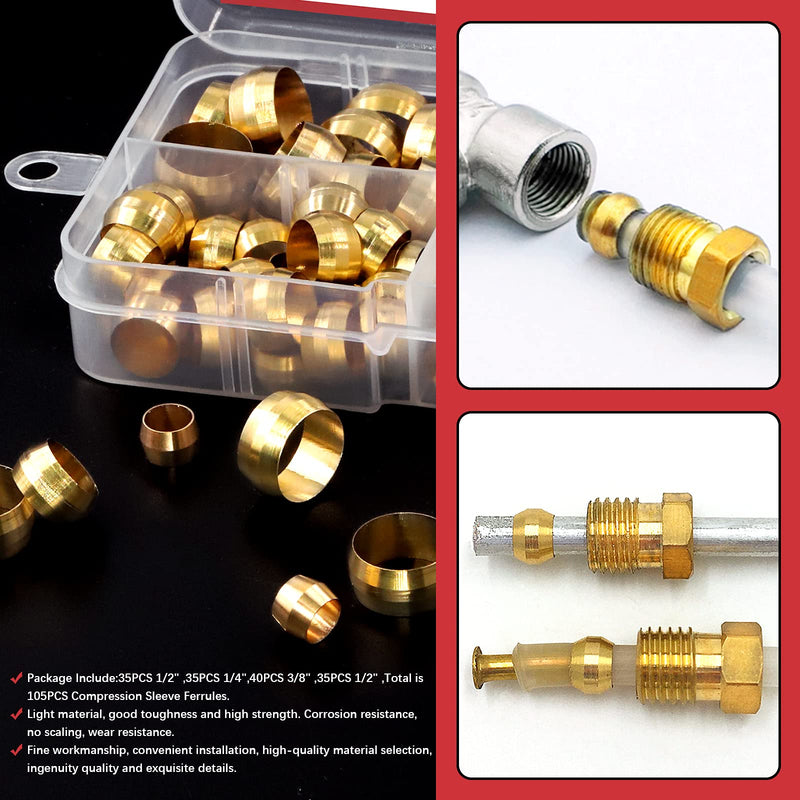 [Australia - AusPower] - Hilitchi 3Sizes Tube OD 3/16 1/4 5/16 Brass Compression Sleeves Ferrules Compression Fitting Kit (SAE, 180Pcs) 