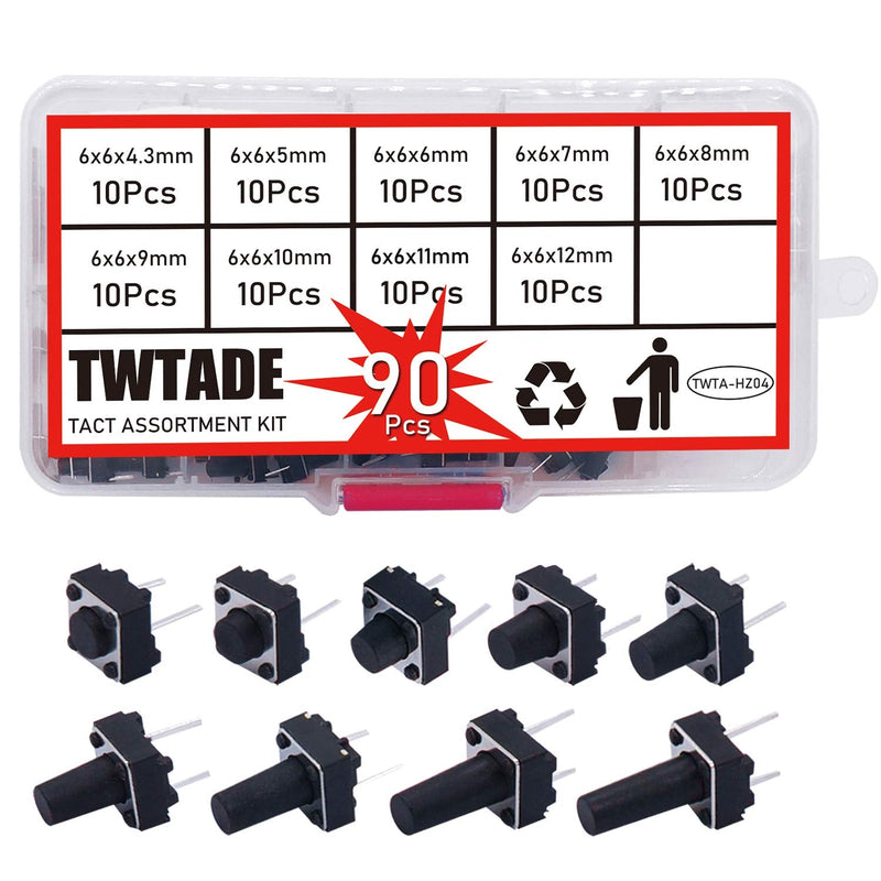 [Australia - AusPower] - TWTADE 90PCS 2 Pin Tactile Switch Micro Momentary Push Button Switch Tact Assortment Kit 6 x 6 x 4.3/5/6/7/8/9/10/11/12mm(Each Values 10pcs) QC-9V-2P 