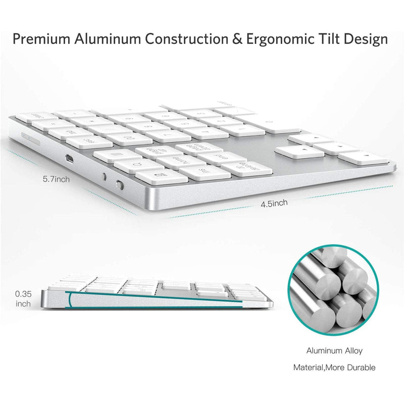 [Australia - AusPower] - Bluetooth Numeric Keypad, Rechargeable Aluminum 34-Key Number Pad Slim External Numpad Keyboard Data Entry Compatible for MacBook, MacBook Air/Pro, iMac Windows Laptop Surface Pro etc Silver 