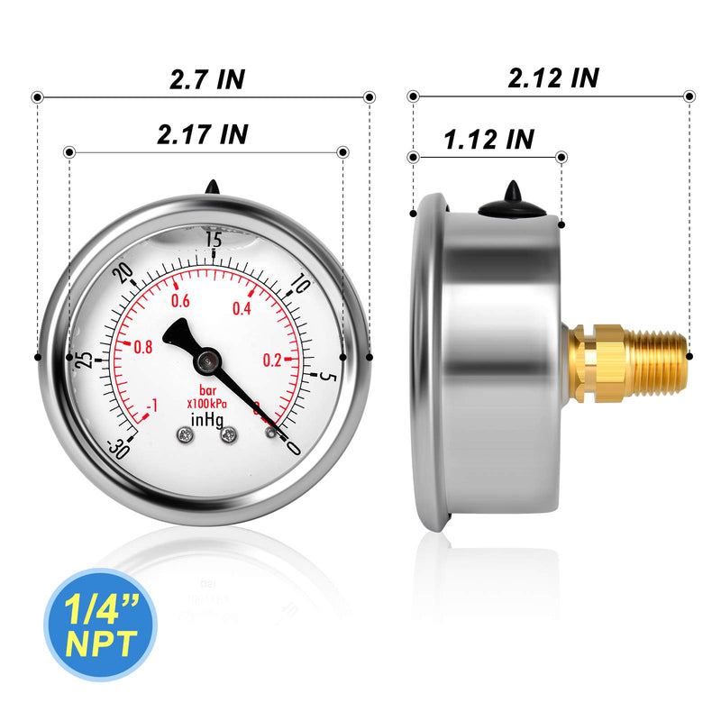 [Australia - AusPower] - MEANLIN MEASURE -30~0Psi Stainless Steel 1/4" NPT 2.5" FACE DIAL Vacuum Pressure Gauge ，Center Back Mount -30inHG-0 