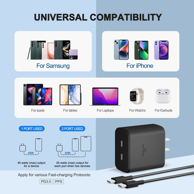[Australia - AusPower] - 45W USB-C Charger, Dual Port Super Fast Charger Type C with 5Ft USB-C Cable Support Samsung Charger Fast Charging for Galaxy S23 Ultra/S23/S23+/S22 Ultra/S22+/S22/S20/S21, Tab S7/S8, Note10/Note20 