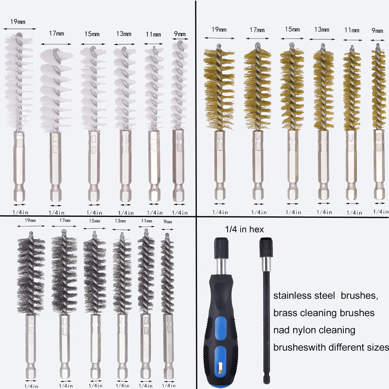 [Australia - AusPower] - 18 Pieces Steel Bore Brush in Different Sizes Twisted Wire Stainless Steel Cleaning Brush with Handle 1/4 Inch Hex Shank for Power Drill Impact Driver, 4 Inch in Length 