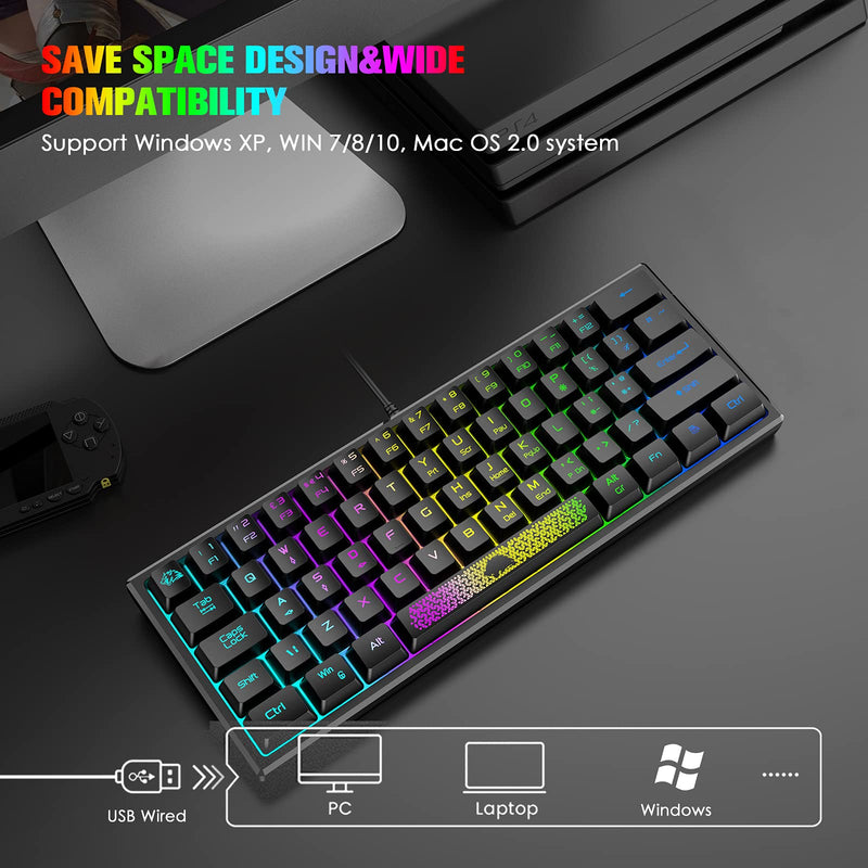 [Australia - AusPower] - ZIYOU LANG K61 60% Gaming Keyboard Mini Portable with Rainbow RGB Backlit Ergonomic 62Key Layout 19Key Anti-ghosting Mechanical Feel Waterproof USB Wired for PC Mac Windows Gamer Laptop Typists(Black) Black 