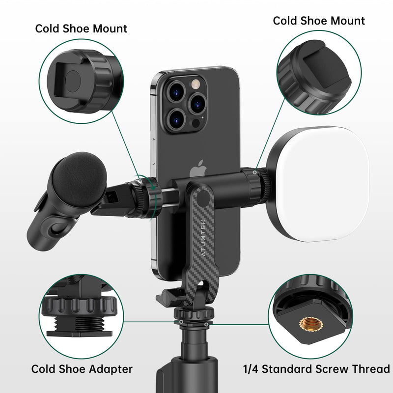 [Australia - AusPower] - ATUMTEK Phone Tripod Mount, Universal Smartphone Mount Adapter with 2 Cold Shoe and 1/4" Standard Screw, 360° Rotates and 180° Tilts Adjustable Cell Phone Clamp Holder for Perfect Mobile Photography Black 