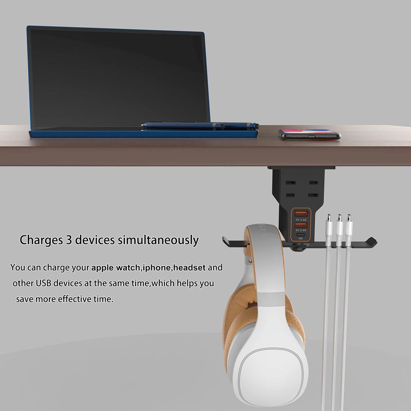 [Australia - AusPower] - Headphone Stand with USB Charger /1 Type-c/2 2-Prong AC Outlet Power Strips/3 Under Desk Headset Holder Mount Suitable for Gamers Gifts Desk Gaming Accessories 