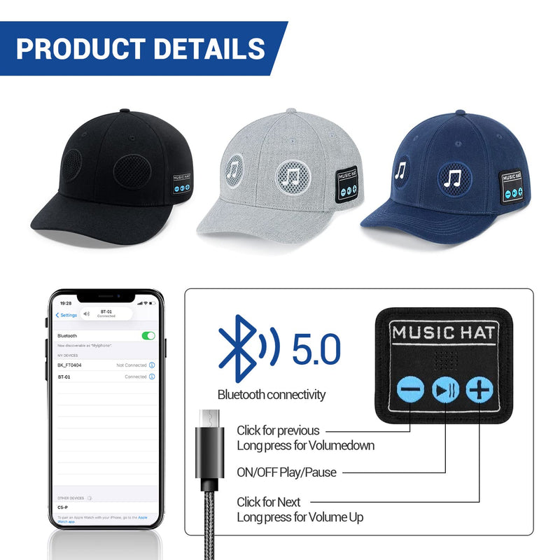 [Australia - AusPower] - TOUCH TWO Wireless Bluetooth Speaker Hat Rechargeable Music Cap with Built-in Microphone and Stereo Speakers, Baseball Caps for Outdoor or Indoor Sports, Gift for Men, Women, Boys, Girls, Grey Color 