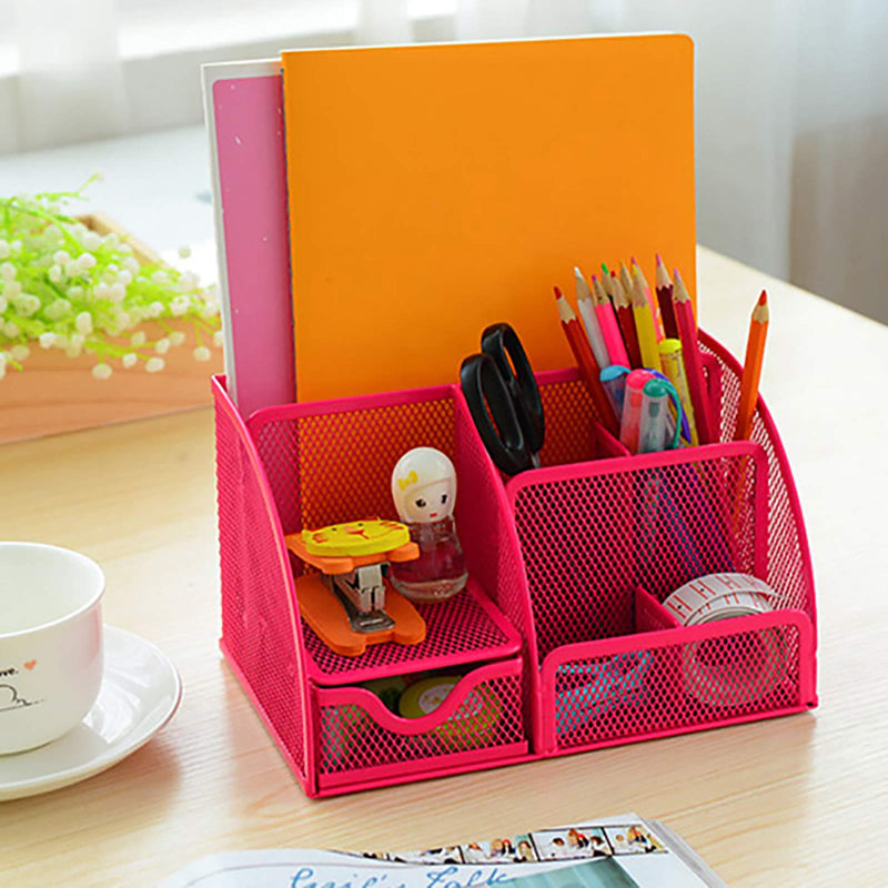 [Australia - AusPower] - VANRA Office Supply Caddy Mesh Desk Organizer School Supply Holder 6 Compartments with Drawer (Pink) Pink 