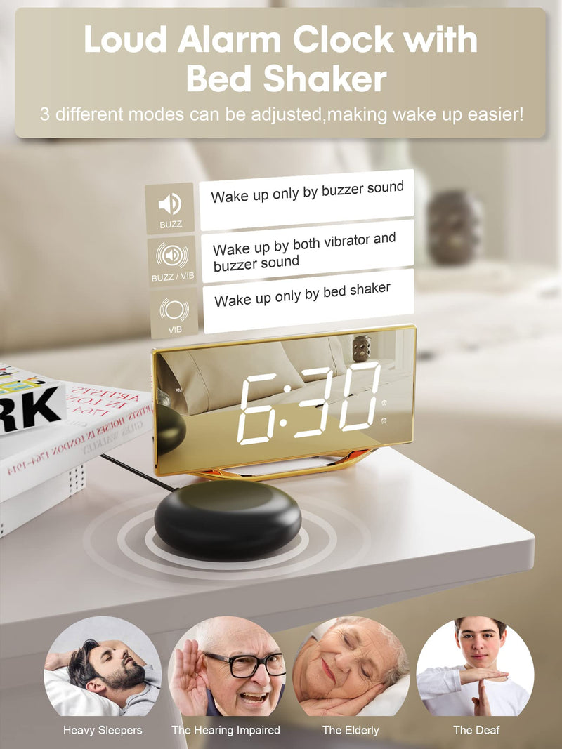 [Australia - AusPower] - Loud Alarm Clock with Bed Shaker, Vibrating Alarm Clock for Heavy Sleepers Hearing Impaired Deaf, 8.7" LED Mirror Bedside Clock with Battery Backup for Kids Teens Elderly, 12/24H DST, USB Charger Golden 