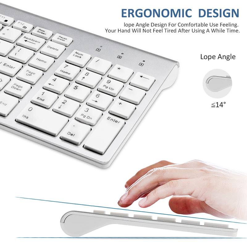 [Australia - AusPower] - Wireless Keyboard and Mouse - FENIFOX USB Slim 2.4G Wireless Keyboard Mouse Combo Full-Size Ergonomic Compact with Number Pad for Laptop PC Computer Windows mac- Silver White 