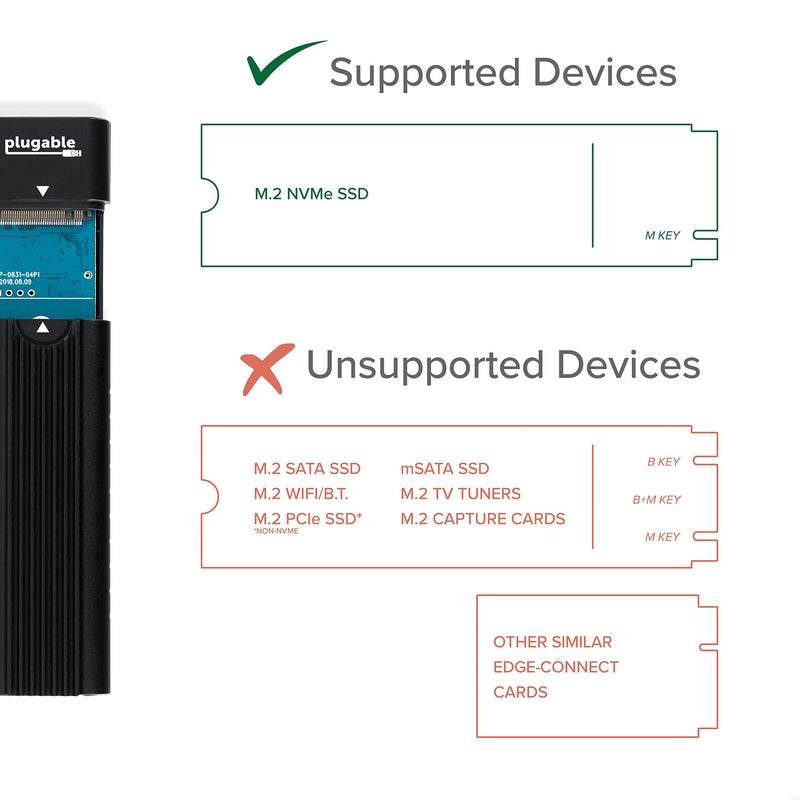 [Australia - AusPower] - Plugable USB C to M.2 NVMe Tool-free Enclosure USB C and Thunderbolt 3 Compatible up to USB 3.1 Gen 2 Speeds (10Gbps). Adapter Includes USB-C and USB 3.0 Cables (Supports M.2 NVMe SSDs 2280 2260 2242) 