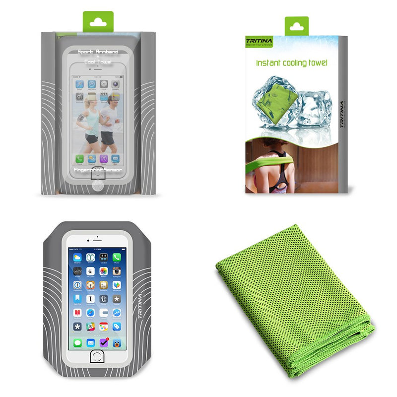 [Australia - AusPower] - Tritina Sport Armband Size Up to 5.5inch for iPhone Touch ID [Grey] + Fitness Cool Towel [Green] Gray 