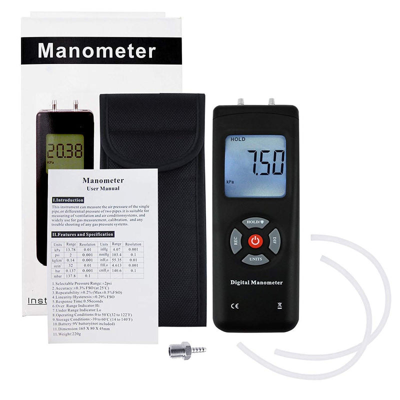 [Australia - AusPower] - Digital Handheld Manometer HVAC Air Vacuum/ Gas Differential Pressure Gauge Meter Tester 11 Units with Backlight, ±13.78kPa ±2PSI, 1-2 Pipes Ventilation Air Condition System Measurement 