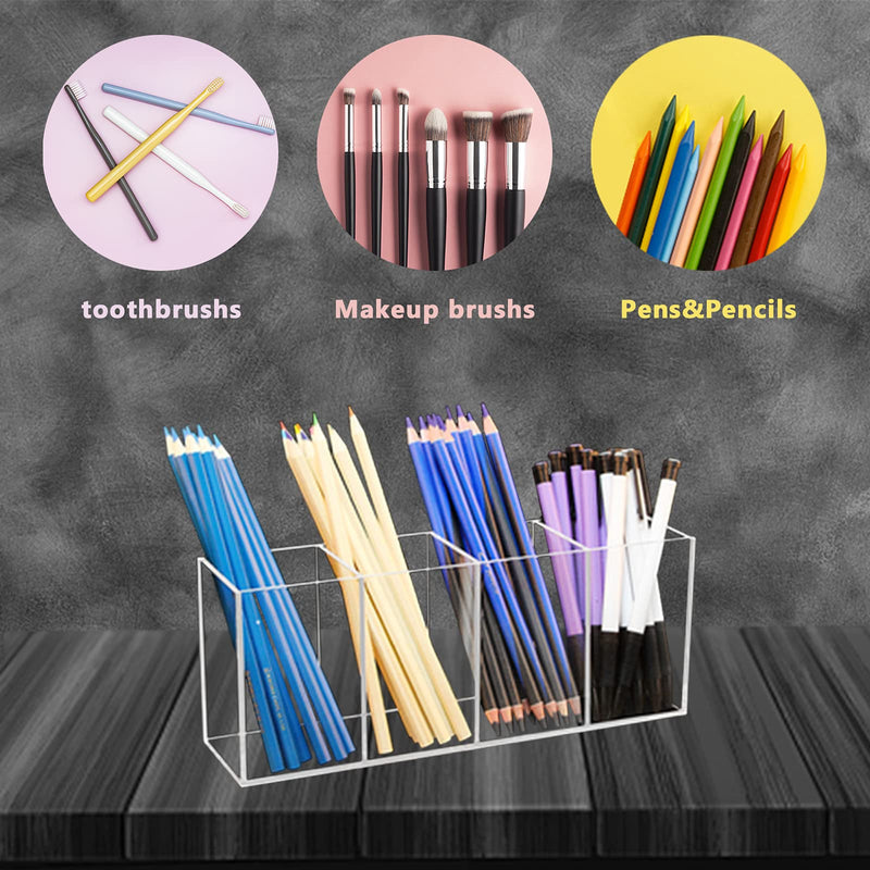 [Australia - AusPower] - Acrylic Pen Holder 4 Compartments,Clear Pen Holder Organizer Makeup Brush Holder for Office Desk Accessories,Cosmetic Brush Storage Box,Dorm,Bathroom,Kitchen (Clear) Clear 