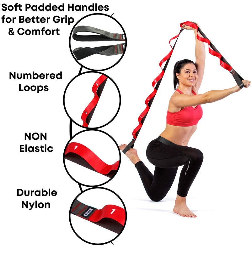 [Australia - AusPower] - Stretching Strap with Loops - Non Elastic Stretch Band for Physical Therapy, Yoga Strap for Stretching Equipment, Stretch Bands for Exercise and Flexibility - Fascia, Hamstring & Leg Stretcher Belt 10 Loops - Red 
