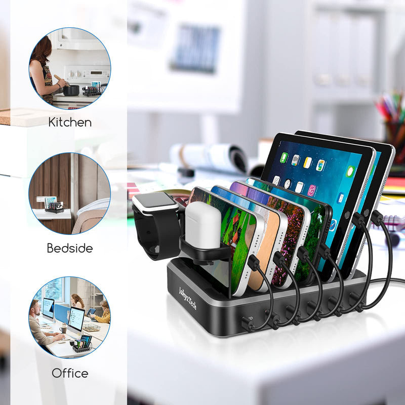 [Australia - AusPower] - Jahy2Tech Charging Station for Multiple Devices 60W/12A PD USB-C Power Delivery and QC 3.0 Charger Station Organizer 6 Short Mixed USB Cables for iOS & Android Phones,iPad,Tablets (7 Cables Included) 