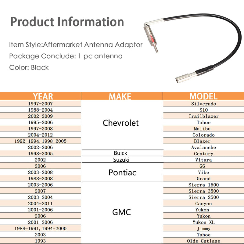 [Australia - AusPower] - Anina Car Antenna Adapter Automotive Wire Radio Stereo Upgrade Suit for 1993-2006 GMC,1988-2012 Chevrolet, 1988-2008 Pontiac, 1988-2005 Buick Century 