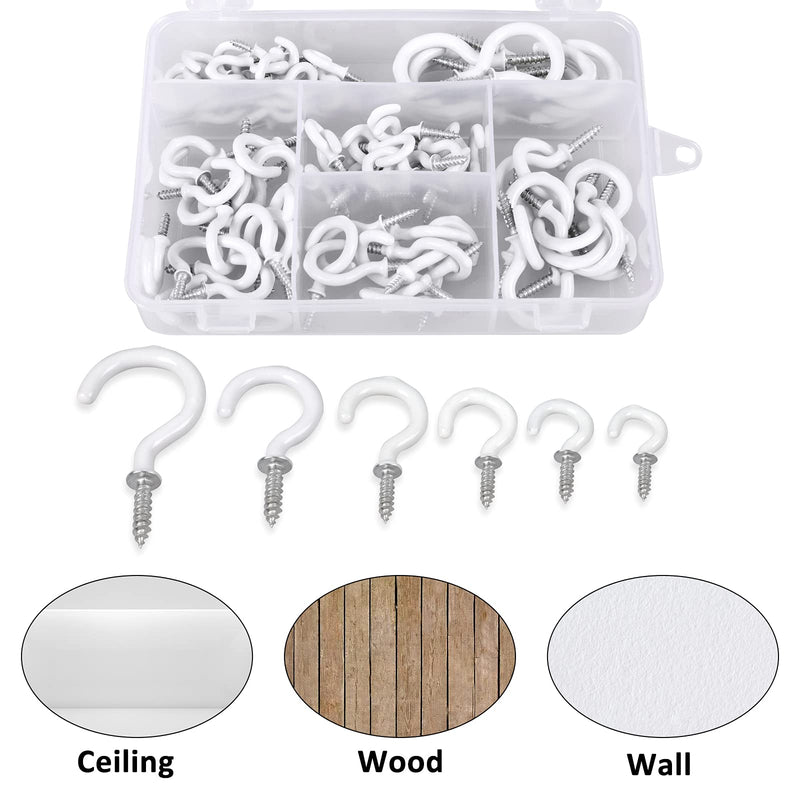 [Australia - AusPower] - Romeda 90 Pcs White Ceiling Hooks kit, 6 Sizes Vinyl Coated Screw-in Ceiling Hooks, Plant Hooks Kitchen Hooks Cup Hooks Ceiling Hooks for Hanging (1/2", 5/8",3/4",7/8",1'',1-1/4") 