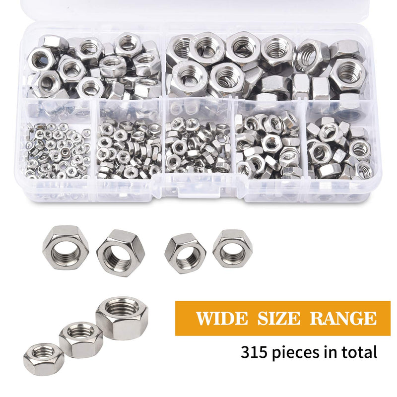 [Australia - AusPower] - VIGRUE 315Pcs Metric 304 Stainless Steel Hex Nuts Assortment Kit for Screw Bolt (M2 M2.5 M3 M4 M5 M6 M8) 315Pcs Metric nuts 