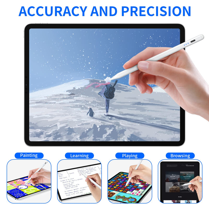 [Australia - AusPower] - Stylus Pen for iPad with Palm Rejection, Active Bluetooth Stylus Pencil Compatible with Apple iPad/iPad Pro/Air/Mini (2018 and Later) for Writing/Drawing, with Indicator Lights, Magnetic Design white 