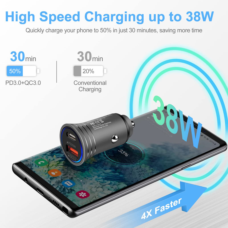 [Australia - AusPower] - USB C Car Charger 38W USB C Car Charger,Type C Fast Power Charging Block Dual Port QC+PD Plug Cargador Carro Lighter Adapter Compatible with iPhone 13 12 11 Pro Max,Samsung Note 20 S21 S20 S10 A10E Gray 