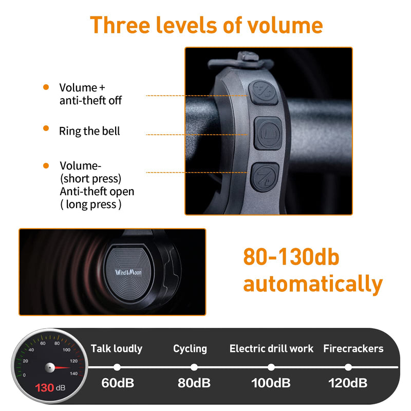 [Australia - AusPower] - Wind&Moon Electric Bike Horn Cycling Alarm Bell,Scooter Horn,Adjustable 80-130dB, IPX6 Waterproof Bike Alarm Bells Anti-Theft Vibration Alarm Ring for Mountain/Road Bike/Scooters, USB Rechargeable 