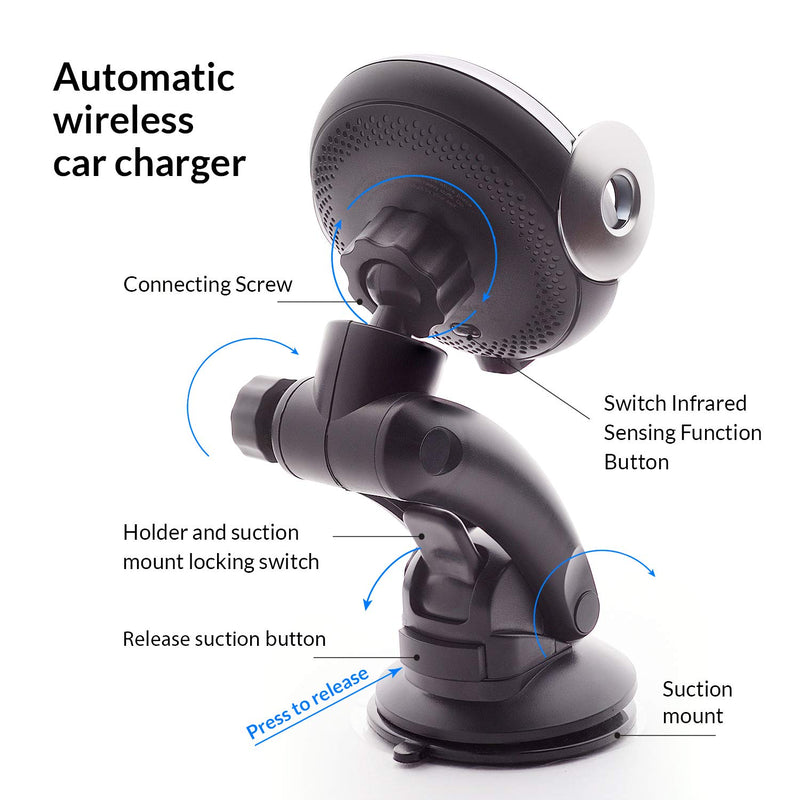 [Australia - AusPower] - Automatic Wireless Car Charger Fast Phone Charging Mount Holder Qi Auto Сlamping Device Smartphone Charge Infrared Sensor Mounted Air Vent Fan Windshield Dashboard Compatible iPhone Galaxy Note Wireless Car Charger Silver 