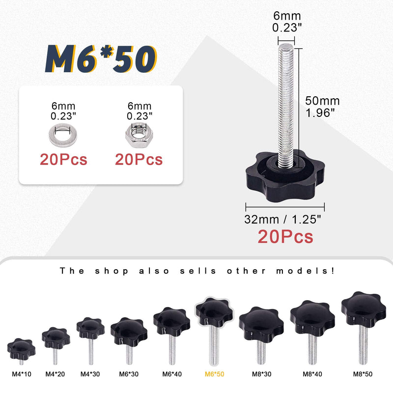 [Australia - AusPower] - Hilitchi Clamping Hex Shaped Hand Knob Handle Replacement Handle Black Plastic Knob Grip Screw On Type Stud with Nuts and Washers(M6x50-20PCS) M6x50-20PCS 