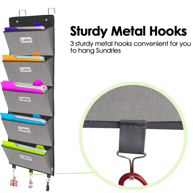 [Australia - AusPower] - Over the Door File Organizer,Wall Mounted Hanging File Folder Holder Mail organizers,Home Office Supplies Storage Pocket Chart for Paper,Magazine,Notebooks,Planners,5 Large Pockets Grey 
