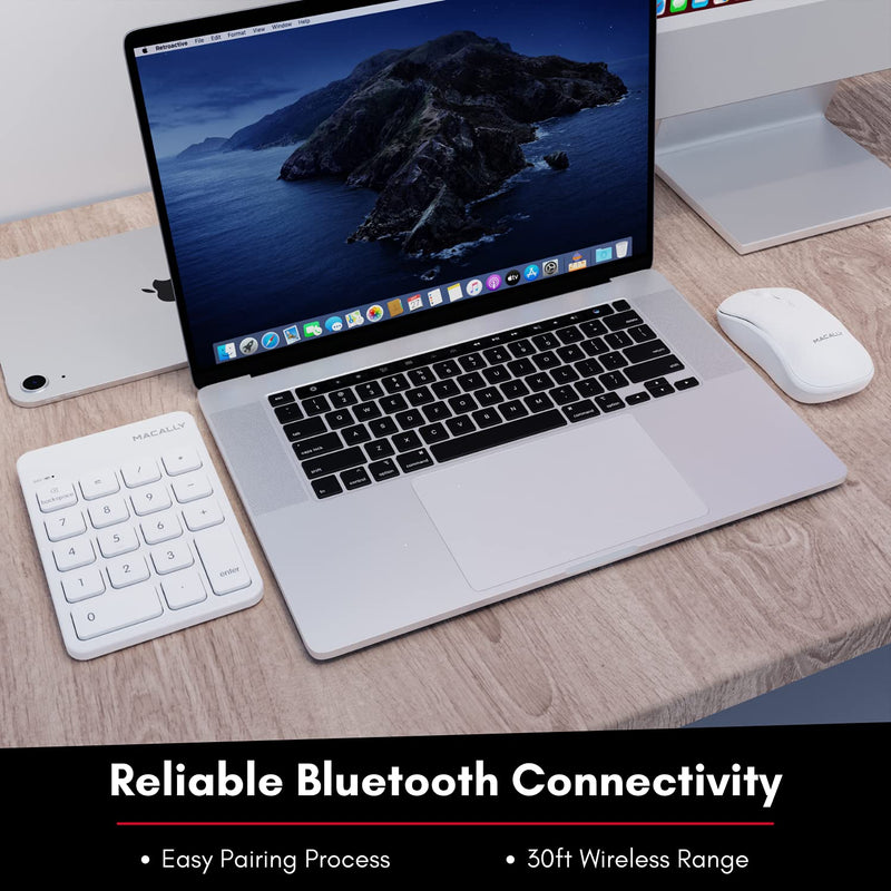 [Australia - AusPower] - Macally Bluetooth Number Pad for Laptop, Apple, Mac, iMac, MacBook Pro/Air, Ipad, Windows PC, Tablet, or Desktop Computer - Rechargeable 18 Key Wireless Numeric Keypad - White Bluetooth 10 Key Numpad 