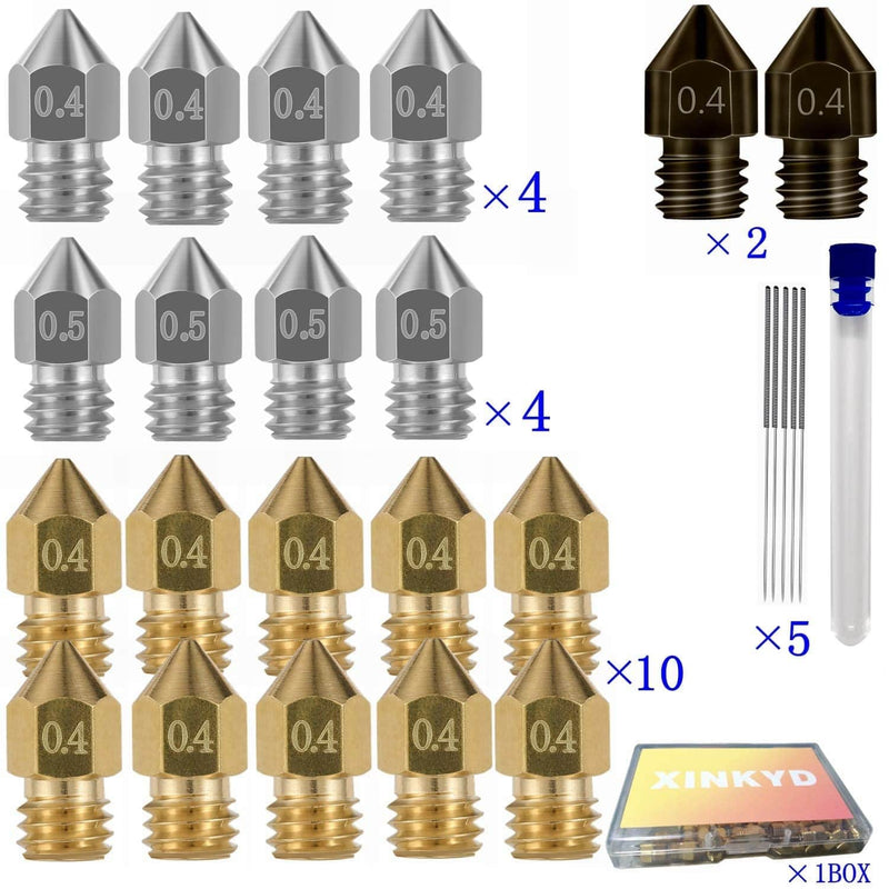 [Australia - AusPower] - 25 PCS Mk8 Nozzles 3D Printer Extruder Nozzles Hardened Steel, Stainless Steel, Brass High Temperature Pointed Wear Resistant Nozzle 0.4 mm, Compatible with CR-10, Ender 3/ Ender3 pro, Prusa i3 25 