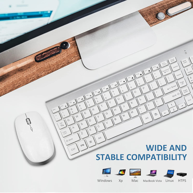 [Australia - AusPower] - Wireless Keyboard and Mouse - FENIFOX USB Slim 2.4G Wireless Keyboard Mouse Combo Full-Size Ergonomic Compact with Number Pad for Laptop PC Computer Windows mac- Silver White 