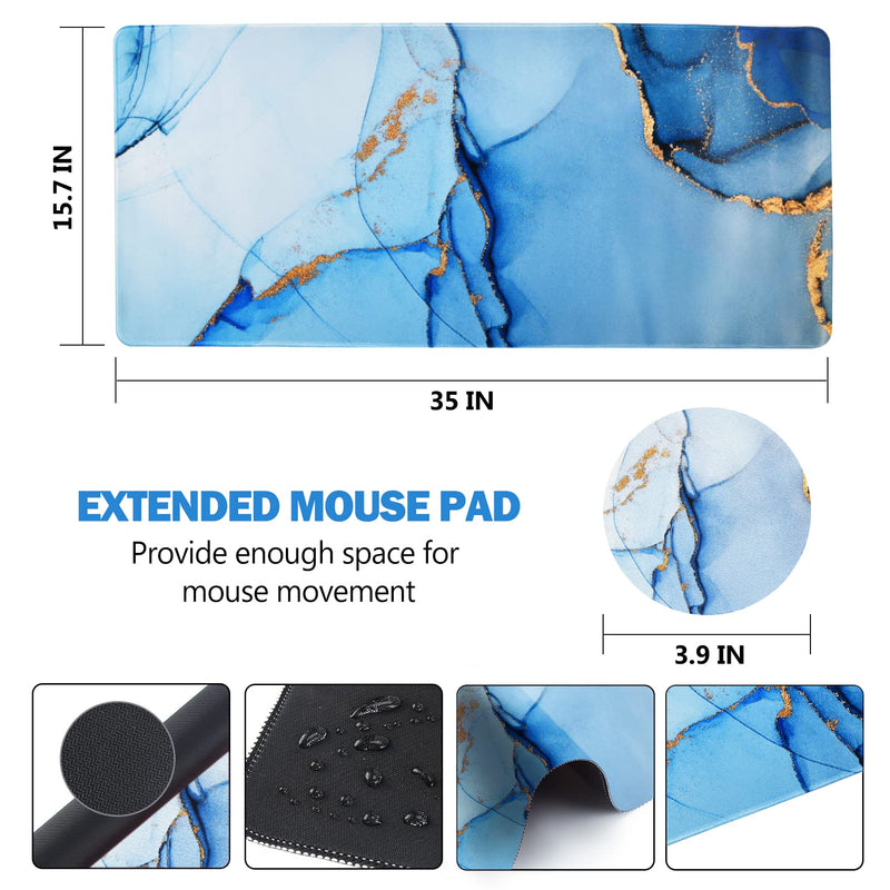 [Australia - AusPower] - AIMSA Extended Gaming Mouse Pad, XL Large Keyboard Mouse Mat Desk Pad with Stitched Edges, Durable Non-Slip Base Mousepad for Home Office Work, 35x15.7inch ,Blue Marble Blue Marble 