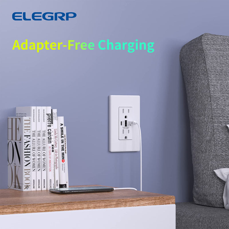 [Australia - AusPower] - ELEGRP 30W 6.0 Amp 3-Port USB Wall Outlet, 15 Amp Receptacle with Dual USB Type C and Type A Ports, USB Charger for iPhone, iPad, Samsung and Android Devices, UL Listed, with Wall Plate, 1 Pack, White 15 Amp Outlet 